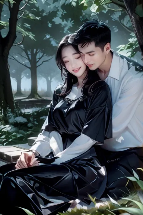 (1 girl), (1 boy), black hair, Man hugging a woman, (Man wearing black gakuran and black pants), (A woman wearing a black sailor suit and black pleated skirt), cool guy, a cute girl, hug from behind, Man hugging a woman from behind, cinematic effect, roman...