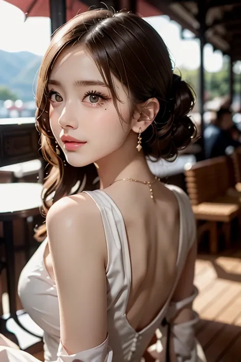 (sleeveless pure white Hourglass Dress:1.3), (pure white:1.2), (Hourglass Dress), ((20-year-old, innocent and cute girl:1.3)), (layered hairstyles, dark brown hair), medium long hair, (very provocative smile:1.2), (focus on face), ((cowboy shot: 1.2)), (me...