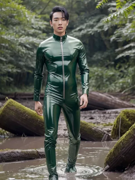 swampland green shiny latex set young korean male full body photo trapped in a mud tight latex set ,  epic reality , epic photor...