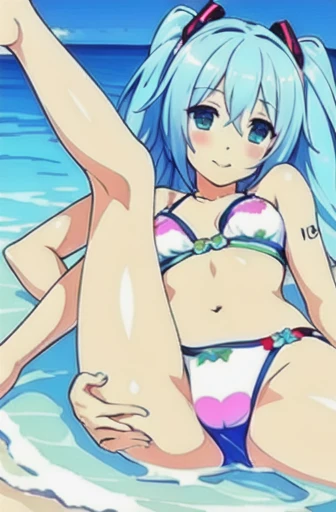 swimsuit、bikini、Lie、raise your legs、emphasize the chest、Hatsune Miku