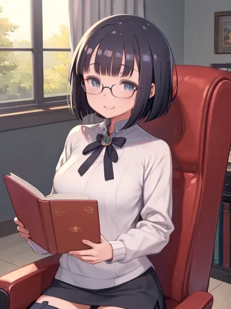 masterpiece, highest quality、Medium wide shot、cowboy shot、 1 Mature busty woman、black haired woman、asymmetrical bangs、bob hair、white shirt、(jumper skirt)、black stockings、Glasses、laughing、reading a book、looking at the viewer、