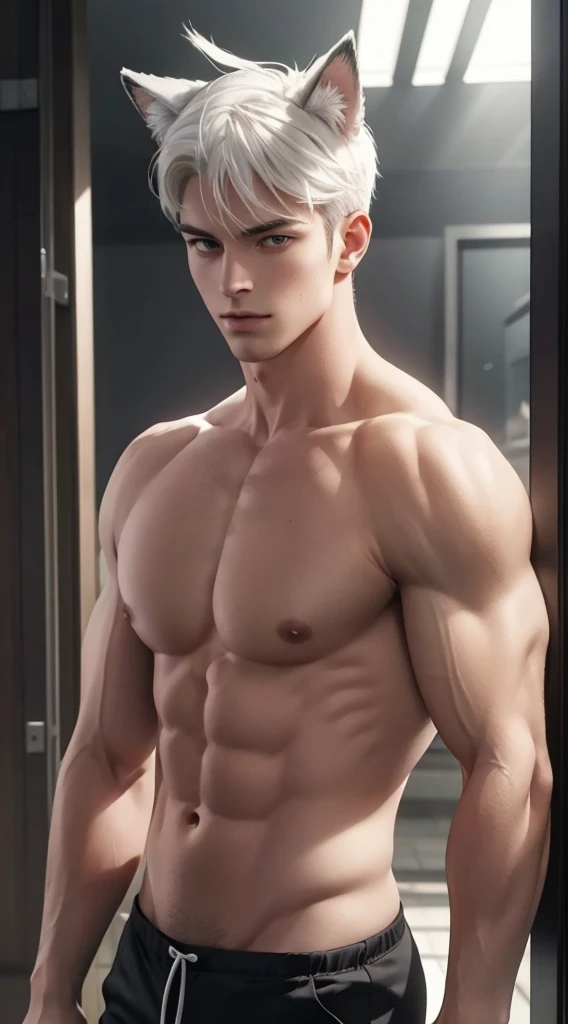 Full body photorealistic 4k, high resolution, best quality, masterpiece, perfect color, perfect shade, perfect lighting, Posted by e621, ((portrait)), ((handsome man)), perfect male figure, Short hair details，chest muscles，abdominal muscles，Naked torso，Det...