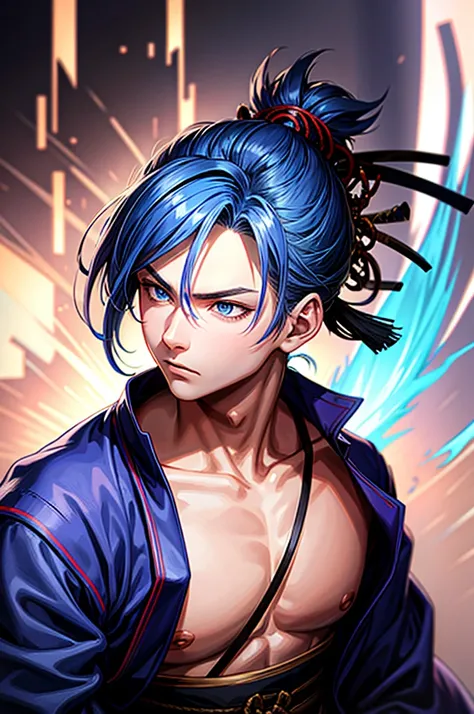 1 boy,blue hair,blue eyes,Handsome guy,ponytail,samurai,straight face,Purple Flame,kimono