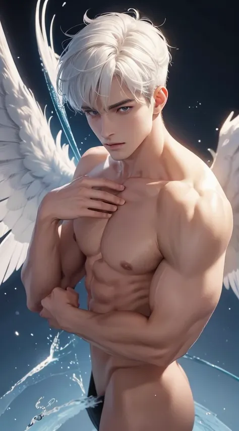 Full body photorealistic 4k, high resolution, best quality, masterpiece, perfect color, perfect shade, perfect lighting, Posted by e621, ((portrait)), ((handsome archangel man)), perfect male figure, Short hair details，chest muscles，abdominal muscles，Naked...