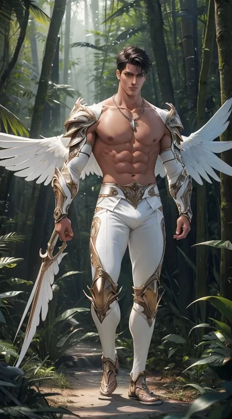 Full body photorealistic 1 boy,Handsome，tall and strong,perfect male figure, eyes looking at camera, ((tanned skin)),forest，primitive，short black hair,serious expression,necklace,Ray tracing. Shirtless, celestial, bulgeness, wearing a white biomechanical s...