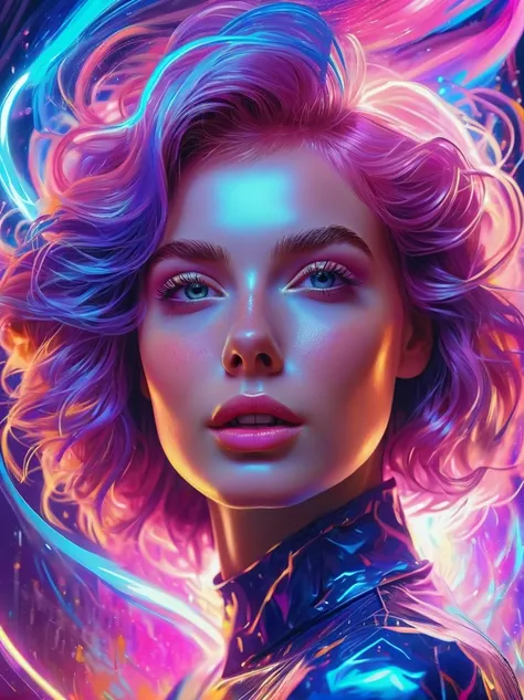 A portrait of beautifully stunning 20 yo woman [Elizabeth II:Maude Adams:0.45] with content face expression, fair skin, pink hair, surrounded by a swirling nanodusty plasma in electric blue and vibrant purple, vibrant colors, digital painting, trending in ...