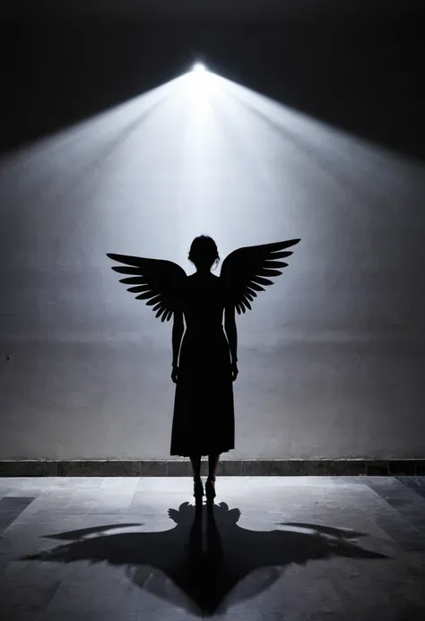 A woman standing in a hall at night; Her Shadow has a shadow of her wings