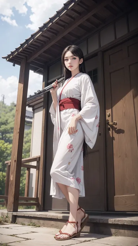 ((最high quality, 8K, masterpiece: 1.3, Ultra HD, high quality, 最high quality, High resolution, realism)) 、A stunningly beautiful 22-year-old Japanese woman、hair color is black、black eye、medium hair、straight hair、smile、Slender but well-proportioned muscular...