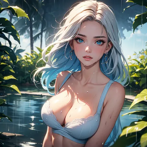 (best quality, masterpiece :1.3), pretty Woman, 1 girl, (Big breasts, Beautiful collarbone, attractive body :1.2), abdominal muscles :1.1, hair past shoulders, curls, blonde light blue hair, messy hair, Single side lock, (wet from rain, get wet by rain, we...