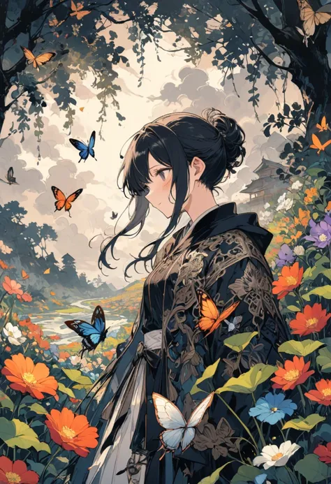 a happy girl in a field of flowers, butterfly, cloud, ink style, (masterpiece, best quality, perfect composition, very aesthetic, absurdres, ultra-detailed, intricate details, Professional, official art, Representative work:1.3), (Animagine:0.01)
