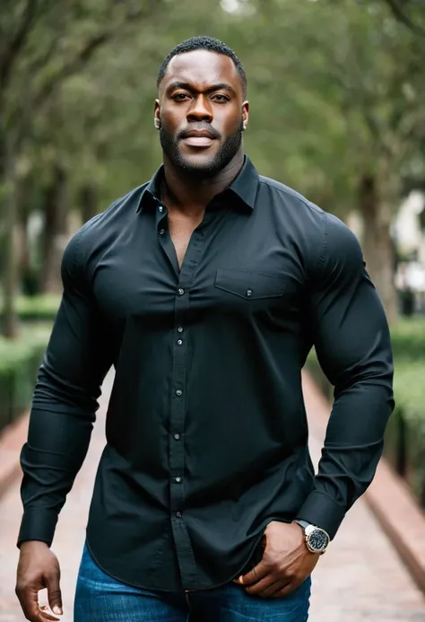 A tall, muscular, strong, wide, black man, wearing long-sleeved, button up black shirt and jeans