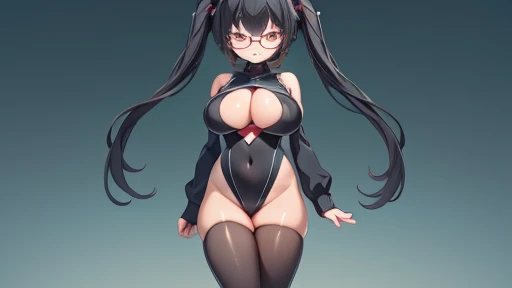 masterpiece,highest quality,wonderful,finely,High resolution,1 girl, big breasts,(zentai:1.3), black hair, glasses, green eyes,twin tails,full body