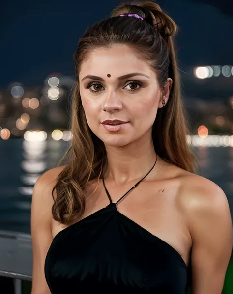 a photo of a 30-year-old woman, smrn, professional portrait photo,bikini, high ponytail,  solo, night time, city bokeh lights