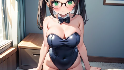 masterpiece,highest quality,wonderful,finely,High resolution,1 girl, big breasts,(strapless leotard:1.3), black hair, glasses, green eyes,twin tails,full body