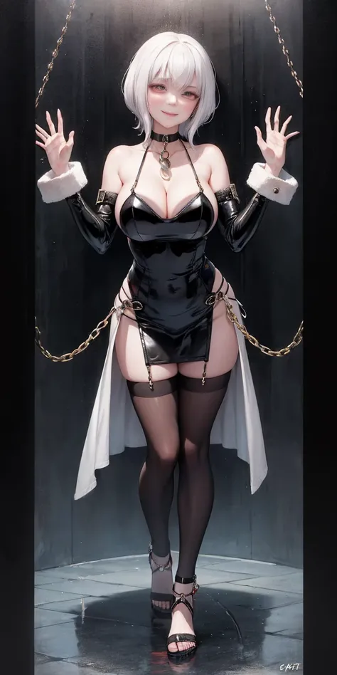 dark fantasy anime illustration of a (mature MILF BIMBO albino skin and short white hair), (FULL BODY) perfect face, wearing tight leather stealth armor, stalking, BIG KNOCKERS CLEAVAGE, lustful smirking smile red blush red cheeks, chain leash, kneeling, s...