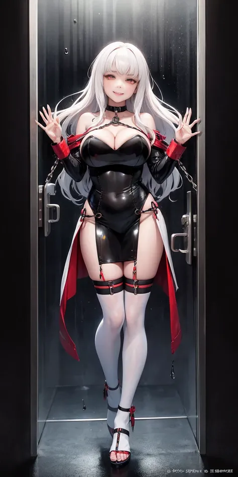 dark fantasy anime illustration of a (mature MILF BIMBO albino skin and short white hair), (FULL BODY) perfect face, wearing tight leather stealth armor, stalking, BIG KNOCKERS CLEAVAGE, lustful smirking smile red blush red cheeks, chain leash, kneeling, s...