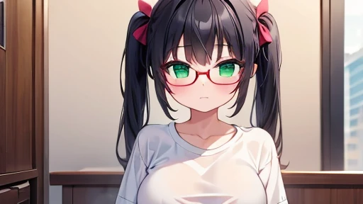 masterpiece,highest quality,wonderful,finely,High resolution,1 girl, big breasts,(t-shirt:1.3), black hair, glasses, green eyes,twin tails,full body