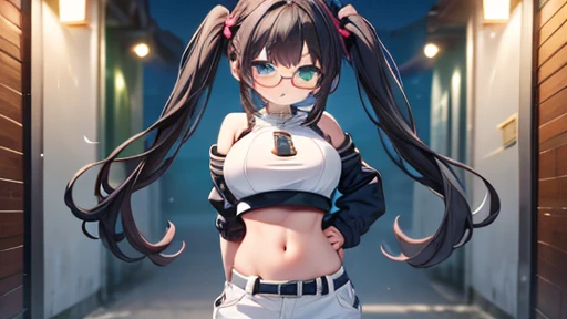 masterpiece,highest quality,wonderful,finely,High resolution,1 girl, big breasts,(crop top:1.3), black hair, glasses, green eyes,twin tails,full body