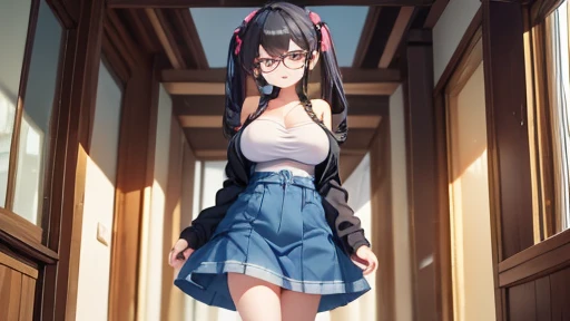 masterpiece,highest quality,wonderful,finely,high resolution,1 girl, big breasts,(denim dress:1.3), black hair, glasses, green e...