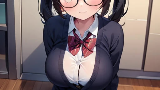 masterpiece,highest quality,wonderful,finely,High resolution,1 girl, big breasts,(cardigan:1.3), black hair, glasses, green eyes,twin tails,full body