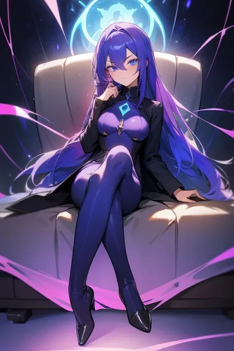 Female leader with long blue and purple hair sitting on a sofa, Solemn, Look straight ahead, Look serious, The hair emits a blue-purple glow, A mysterious light blue glow emanates from the eyes, Revealing incomparable maturity and stability, She is wearing...