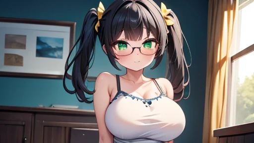 masterpiece,highest quality,wonderful,finely,High resolution,1 girl, big breasts,(camisole:1.3), black hair, glasses, green eyes,twin tails,full body