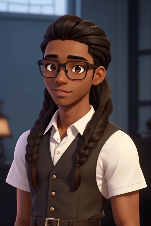 A 20 year old dark skinned male with round glasses and beautifully braided and packed dark hair