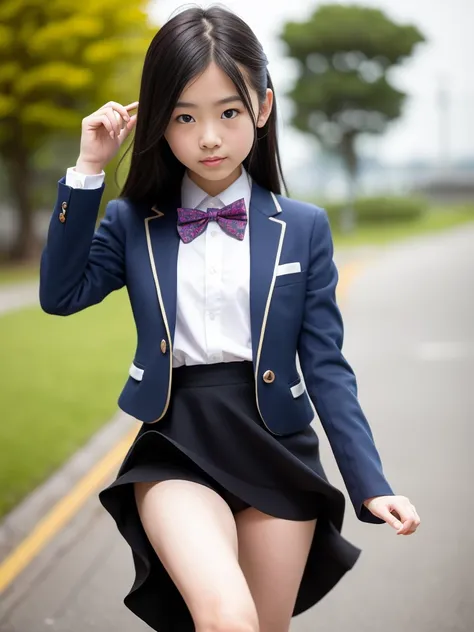 
(masterpiece, highest quality:1.4), award-winning portraits, 8K, 85mm, alone, beautiful face, delicate girl, , (dark navy blazer jacket), dark navy skirt, long sleeve, violaces, gardenia, grace, Sophisticated, cute, teen, looking at the viewer, 15 years o...