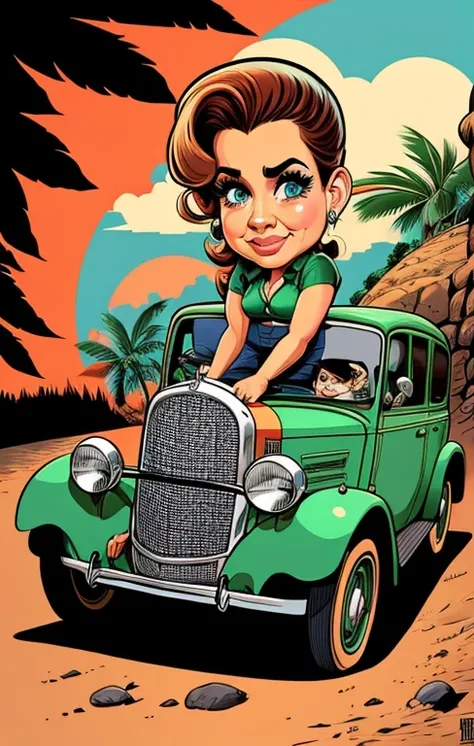 4k, Babes, desenho animado de um homem e uma mulher parados ao lado de um carro verde, cartoon style illustration, por Hugh Hughes, em estilo cartoon, hd illustration, casal, por Gavin Hamilton, caricature illustration, por Viktor Oliva, happy casal, estil...