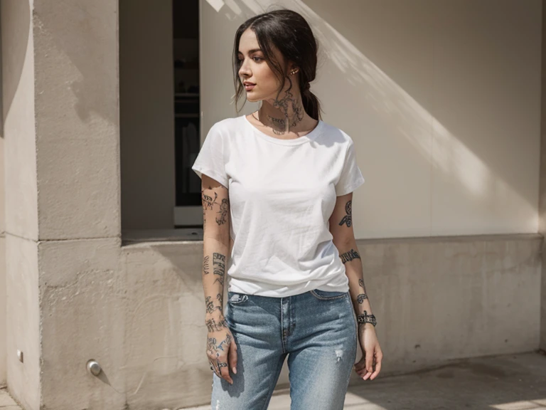 tattooed woman wearing plain basic t-shirt with no print on full body