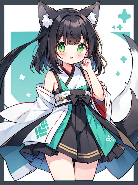 girl、black hair、short、Cropped bangs、fox ears、fox tail、Miko costume、green eyes