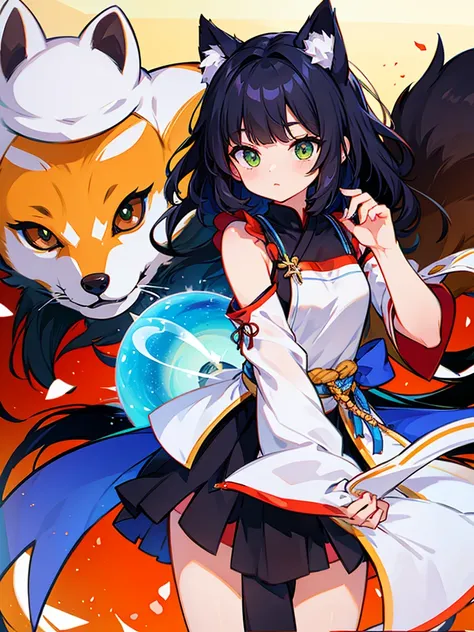 girl、black hair、short、Cropped bangs、fox ears、fox tail、Miko costume、green eyes