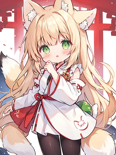 girl、short、Cropped bangs、fox ears、fox tail、Miko costume、green eyes