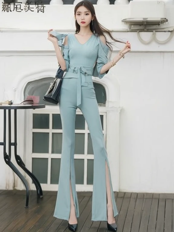 a woman in a blue One-piece Pants standing on a wooden floor, One-piece Pants, Thin waist, cyan suit, Elegant style, elegant衣服, new, wearing blue clothes, Skinny light blue neoprene suit, elegant suit, One-piece Pantss, Wearing a stylish suit, pastels&#39;...