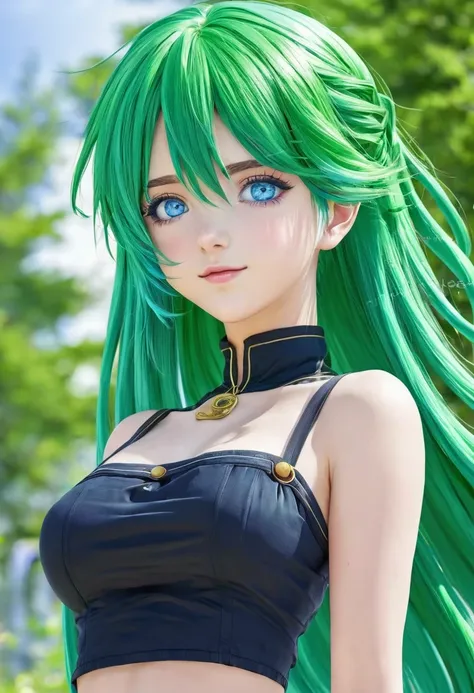 An anime girl with blue eyes and green hair that reaches her waist 