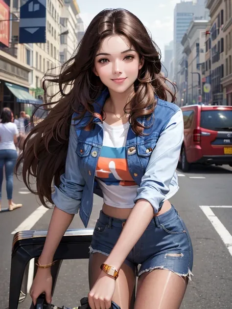 Best Quality, 25 year old girl, alone, long brown hair, discreet smile, looking at viewer, denim jacket over white cropped t-shirt, blue denim shorts, shiny pantyhose, white sneakers, cosmopolitan city setting