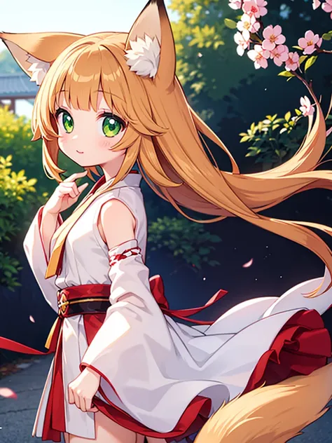 girl、short、Cropped bangs、fox ears、fox tail、Miko costume、green eyes