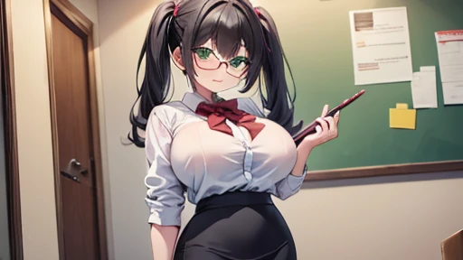 masterpiece,highest quality,wonderful,finely,High resolution,1 girl, big breasts,(pencil skirt:1.3), black hair, glasses, green eyes,twin tails,full body