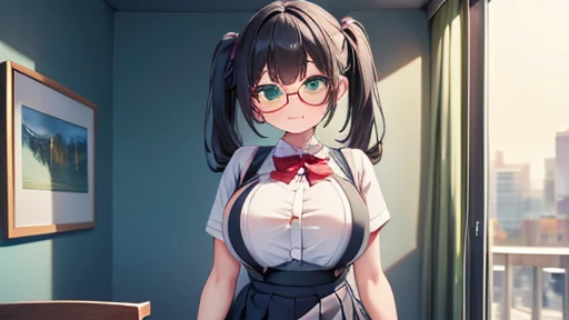 masterpiece,highest quality,wonderful,finely,High resolution,1 girl, big breasts,(suspender skirt:1.3), black hair, glasses, green eyes,twin tails,full body