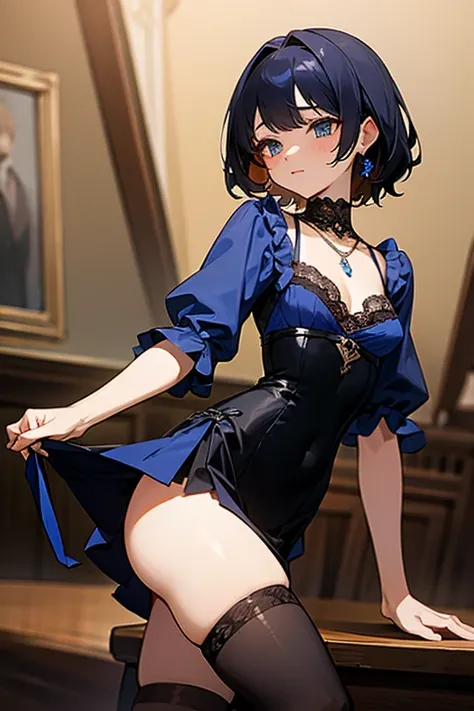 最高masterpiece、masterpiece、highest quality、Blue lace top、black tight skirt、elegant、sexy、necklace、black stockings、beautiful woman、cute、upward glance、small breasts、sharp、