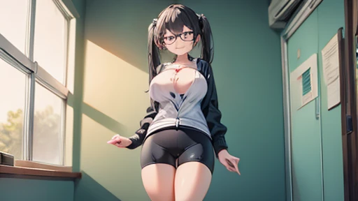 masterpiece,highest quality,wonderful,finely,High resolution,1 girl, big breasts,(bike shorts:1.3), black hair, glasses, green eyes,twin tails,full body