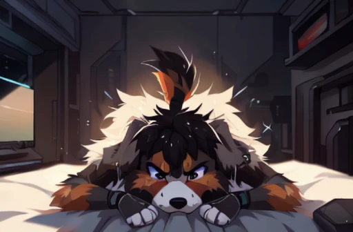 cyberpunk bedroom, ((by reysi)), furry, ((australian shepard)), (solo), ((slender)), dark fur, white hair, ((teen)), ((male)), (...