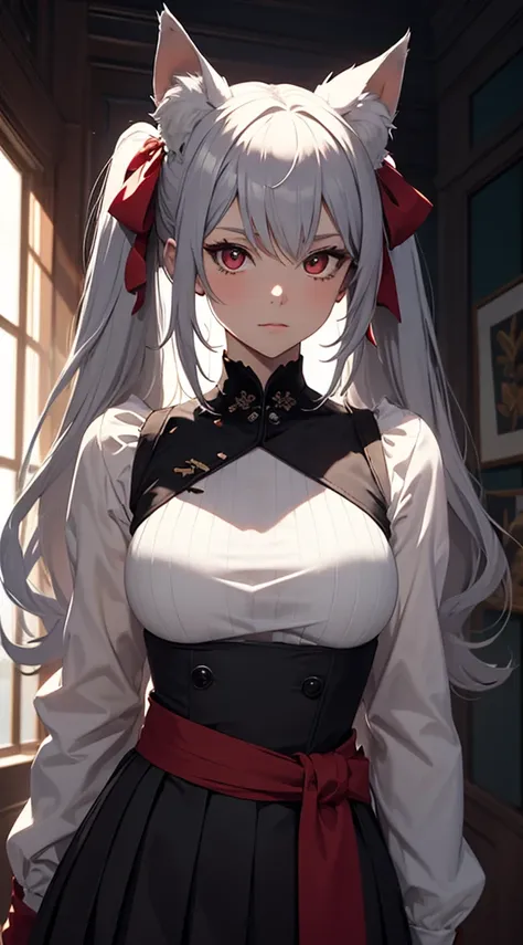 A neko woman with grey hair in a virtual YouTuber style, featuring long hair with twintails and bangs, is the centerpiece of this artwork. A section of hair falls between her eyes, creating a playful and alluring look. Adorning her head are cute and fluffy...