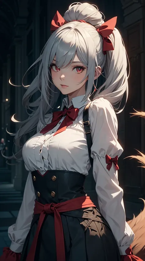 A neko woman with grey hair in a virtual YouTuber style, featuring long hair with twintails and bangs, is the centerpiece of this artwork. A section of hair falls between her eyes, creating a playful and alluring look. Adorning her head are cute and fluffy...