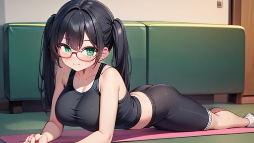 masterpiece,highest quality,wonderful,finely,High resolution,1 girl, big breasts,(yoga pants:1.3), black hair, glasses, green eyes,twin tails,full body