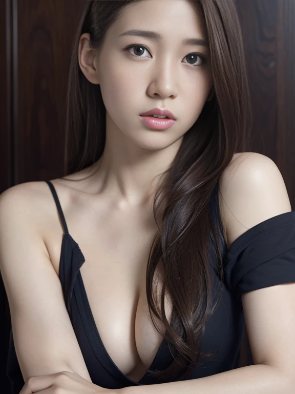 Best Quality, Masterpiece, Ultra High Resolution, (Realistic: 1.6), Original Photo, Realistic, High Resolution, 1 Girl, Small breasts, Brown Hair, Asian, Blue Eyes, open Shirt, Tight Black Shorts