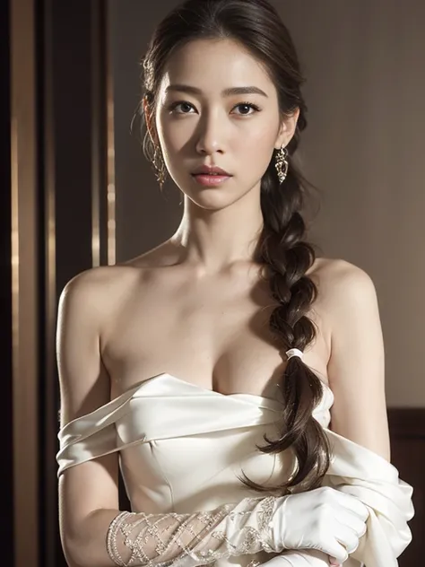 best quality, masterpiece, (photorealistic:1.4), 1girl, cowboy shot, luxury elegant bare shoulder  dress, dramatic lighting, hair over shoulders, white gloves, , luxury hall background, night, asian face, braid hair, small breasts