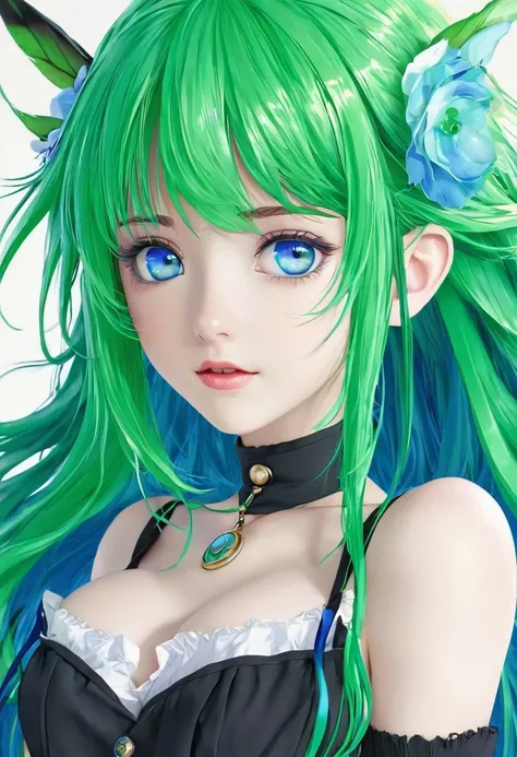 Anime girl with blue eyes and green hair 