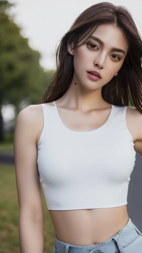 ((realistic lighting, highest quality, 8K, masterpiece: 1.3)), clear focus: 1.2, 1 girl, perfect beauty: 1.4, slim abs: 1.1, ((dark brown hair)), (white crop top: 1.4), (outdoor, night: 1.1), park view, super fine face, fine eyes, double eyelid,skirt,bra,E...