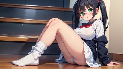 masterpiece,highest quality,wonderful,finely,High resolution,1 girl, big breasts,(loose socks:1.3), black hair, glasses, green eyes,twin tails,full body